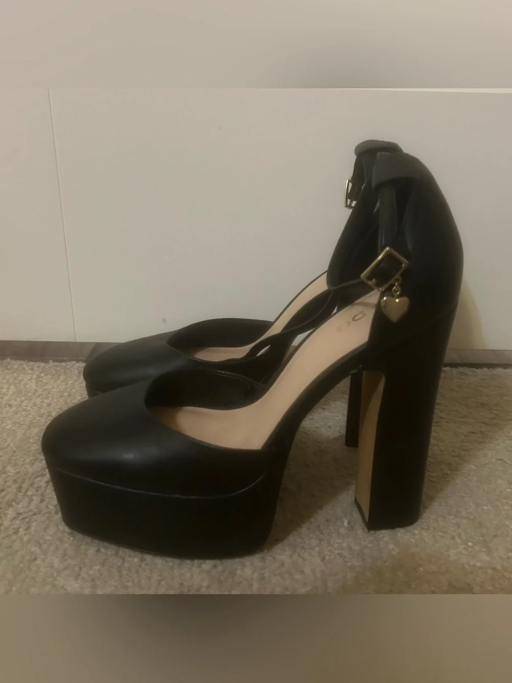 Aldo Black Platform Ankle-Strap Pumps with Gold Heart Charm